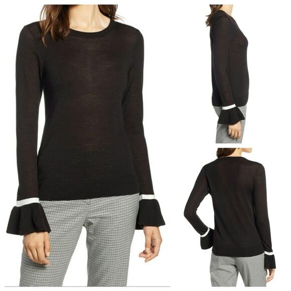 Halogen (Nordstrom) Ruffle Cuff Sweater Long Sleeves Crew Neck Merino Wool M New - Picture 2 of 5